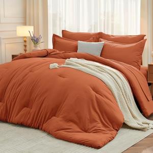 MUXHOMO 7 Pieces Queen Comforter Set, Soft Bed in a Bag Queen Size, All Season Bedding Set with Comforter, Flat Sheet, Fitted Sheet, Pillowcases & Shams, Burnt Orange