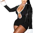 Molilove Women's Sexy Deep V Hollow Out Shirt Collar Long Sleeve Backless Strap Tight Jumpsuit Shorts Clubwear.M