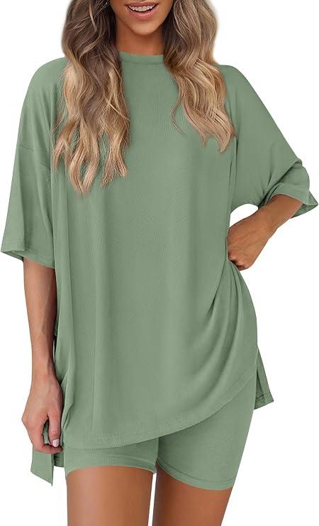PRETTYGARDEN Women 2 Piece Lounge Set 2026 Summer Casual Oversized Shirts Biker Shorts Matching Airport Travel Outfit Clothes X-Large