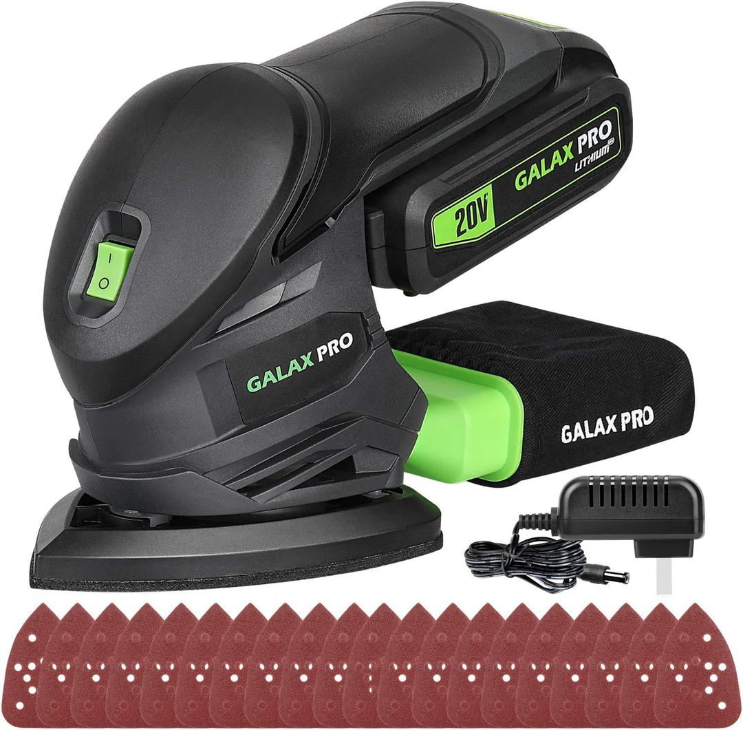 GALAX PRO Cordless Detail Sander 20V, 20Pcs Sandpapers,12000 RPM Sanders with Dust Collection System for Tight Spaces Sanding in Home Decoration, Battery and Charger Included, Cordless Detail Sander