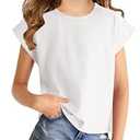 Girls Cap Sleeve T-Shirts Kids Summer Tunic Tops Cute Crewneck Tees Blouses for 5-14 Years White, Size 160