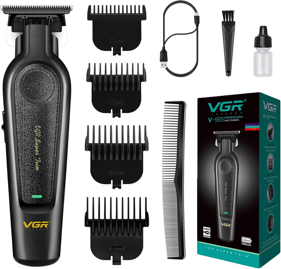 VGR 995 Professional Hair Trimmer for Men, Zero Gapped Barber Edgers, Portable Cordless Mens Beard Trimmer Clipper with 4 Guide Combs, USB Rechargeable