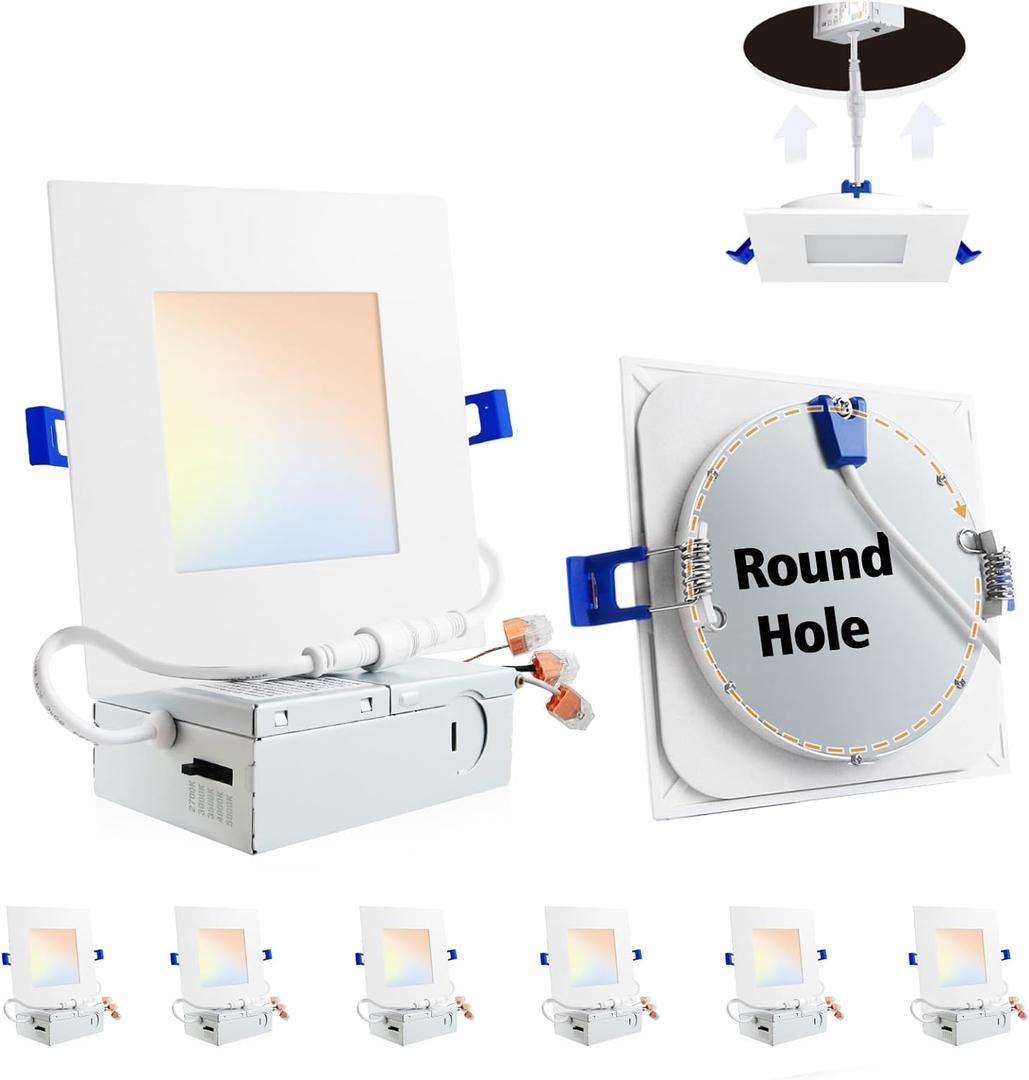 Adetu 6 Pack 6 inch Square Led Recessed Lighting,5CCT Ultra Thin Square Led Ceiling Light with Junction Box,14W 1190LM,CRI90,2700K-5000K Selectable,Dimmable Canless Downlight,ETL and Energy Star