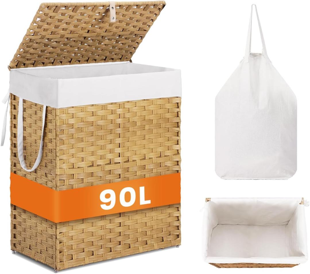 Sweetcrispy Foldable Laundry HamperLarge Capacity Clothes Basket with Lid, 23.8 Gallon (90L) Bin for Bedroom, Bathroom, and Wash RoomDouble Insert Storage Organizer, Goose Yellow