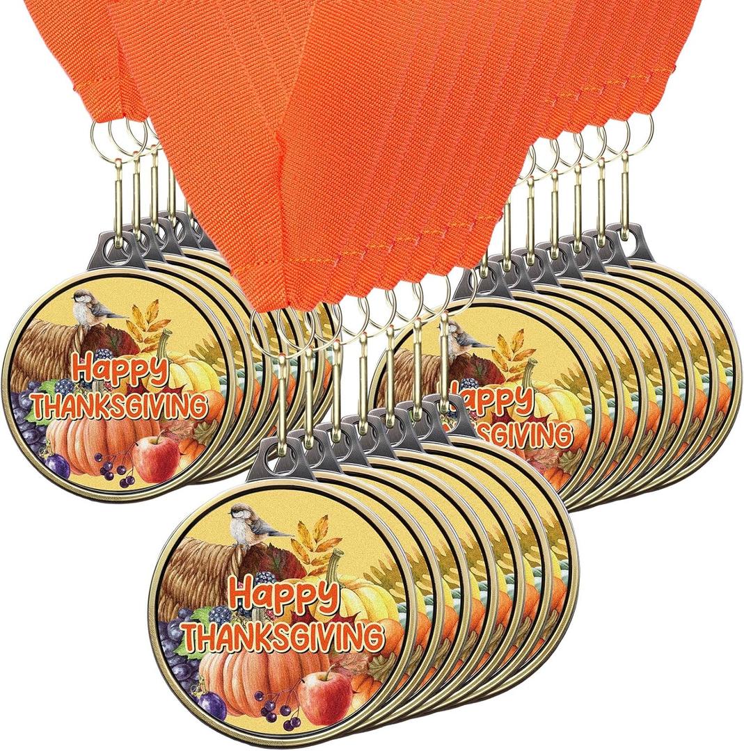 Happy Thanksgiving Medals Bulk with Neck Ribbons, 2 Inch Autumn Harvest Pumpkin Trophies for Thanksgiving Family Games, Contests, Fall Holiday Party Prizes
