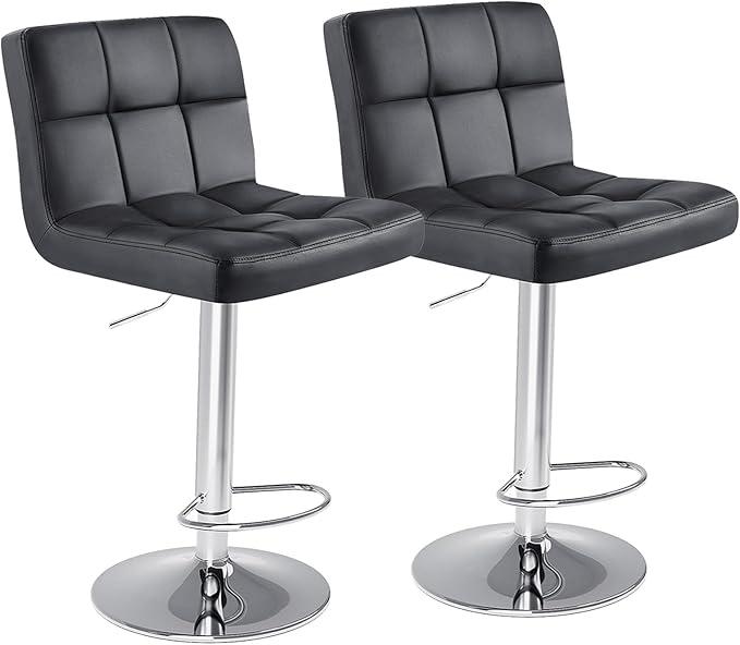 Sweetcrispy Bar Stools Set of 2, Armless PU Leather Adjustable Swivel Barstools, Hydraulic Kitchen Counter Height Thickened Seat Cushion Square Island Countertop Chairs with Back Black 