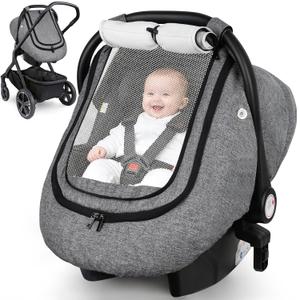 Rquite Car Seat Cover Baby, Carseat Covers Boy Girl, 2 Layers Window -Breathable Mesh & Wind/Sun Shade, Infant Car Seat Canopy Baby Carrier/Stroller Cover, Fit Spring, Fall, Winter, Cold Weather (Grey)