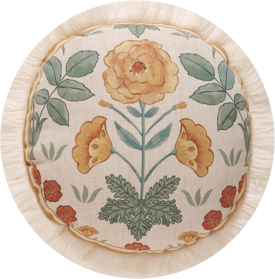 patdrea Designer Round Throw Pillow Covers for Couch,Vintage Lace French Linen Pillows Cover with Beige Daisy Floral Pattern,Farmhouse Decorative Cushion for Bed,Outdoor,Diameter 16"