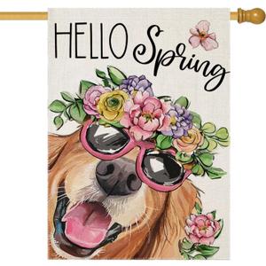 Hello Spring House Flags for Outdoor Decoration, Dog with Flowers Hat Large Yard Flag, Seasonal Decorative Celebration Decor for Summer Farmhouse Holiday Outside 28x40 Inch Vertical Double
