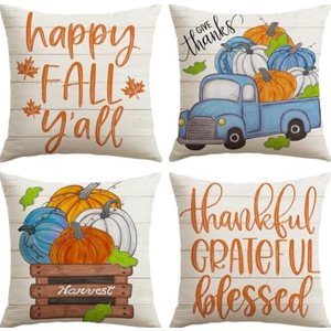 Artscope Fall Decorative Throw Pillow Covers 18x18 Inch Set of 4, Happy Fall Pumpkin Truck Thankful Grateful Blessed Outdoor Farmhouse Pillow Cases for Home Sofa Couch-Orange Beige, Pack Of 2