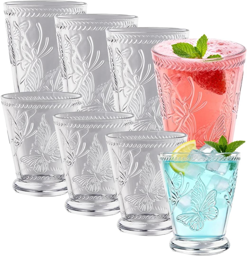 Vintage Butterfly Relief Drinking Glasses Set of 8, 12 oz Highball Glasses & 9 oz Cocktail Glasses Set,Kitchen Water Glasses Cup, Bar Tumbler Glassware Set for Beer, Juice, Cocktail