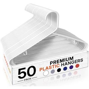 HOUSE DAY White Plastic Hangers 50 Pack, Plastic Clothes Hangers with Built-in Hooks, Durable and Strong Plastic Coat Hangers for Closet, Space Saving Clothing Hanger for Shirts, Coats, Skirt, Dress