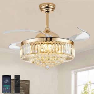 42'' Fandelier Ceiling Fan with Light, Chandelier Fan for Bedroom Living Room, LED Dimmable, 6 Wind Speed Retractable Crystal Ceiling Fan (Gold)