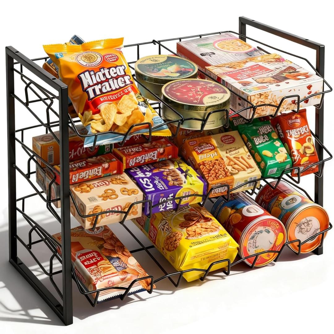 ZAVOOS Candy Display Rack, 3 Tier Metal Snack Display for Retail Counter, Adjustable Snack Stand Shelf Chip Bag Holder Rack for Home Kitchen, Store, Concession Stand, Theater