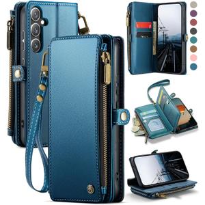 Defencase for Galaxy S25 Case Wallet with RFID Blocking Card Holder for Women Men, Elegant PU Leather Magnetic Snap Flip Wristlet Strap Zipper Wallet Phone Cases for Samsung Galaxy S25 5G 6.2", Blue