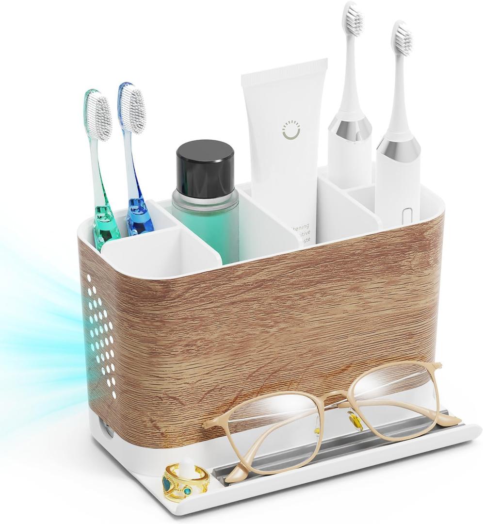 Bathroom Organizers and Storage 6 Slots Wood Grain Electric Toothbrush Holders with Phone Holder and Adjustable Dividers, Cord-Friendly Toothbrush Organizer with Drainage for Family, Kids