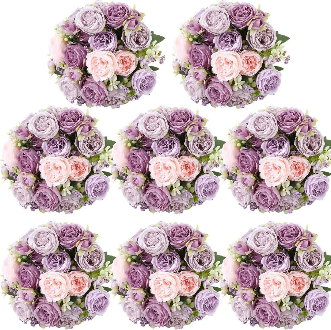 Geosar 8 Bundles Artificial Peonies Silk Flowers Fake Peony Bouquet Faux Peonies Flowers Bulk for Decoration Vase Florals Arrangements Wedding Home Party Table (Gray Purple,Light Purple)