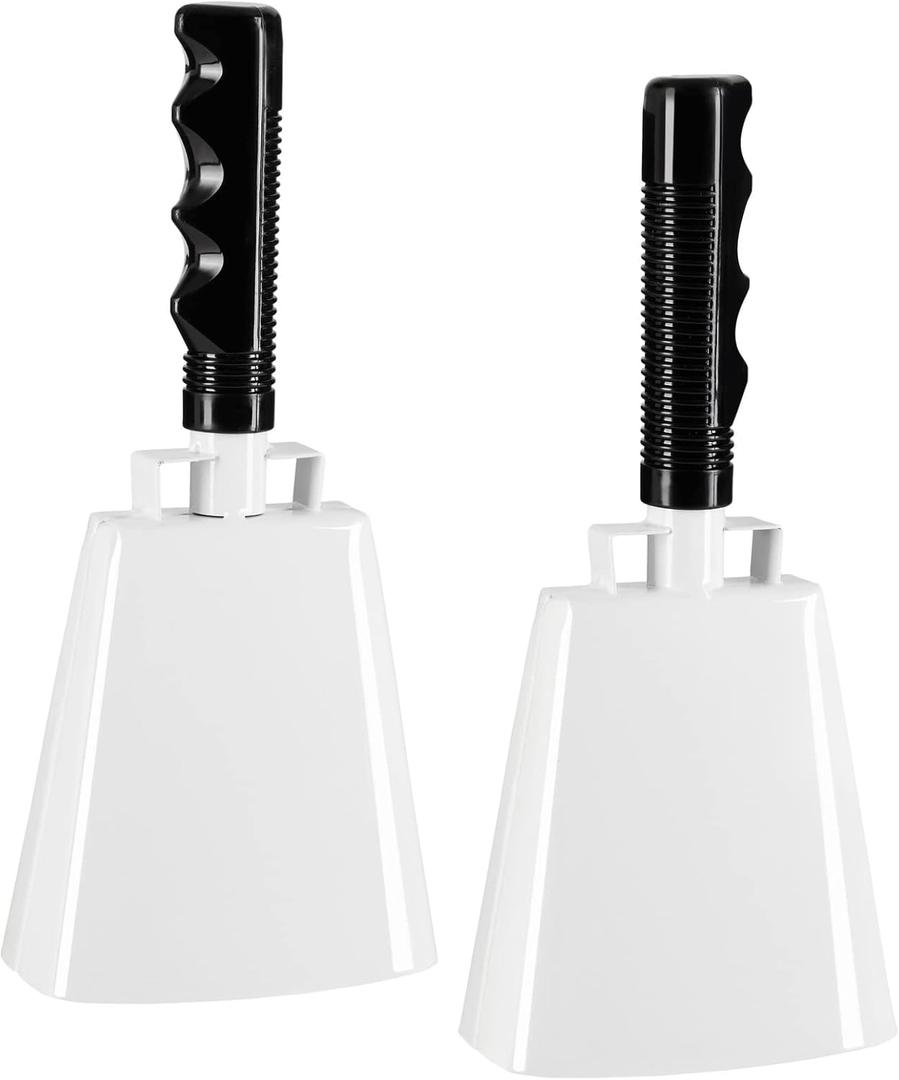 BLUE PANDA 2 Pack Cow Bells - Cowbells for Sporting Events - Percussion Noise Makers with Handle for Football Games, Stadiums (White Cowbell) 9.5-inch Cow Bell