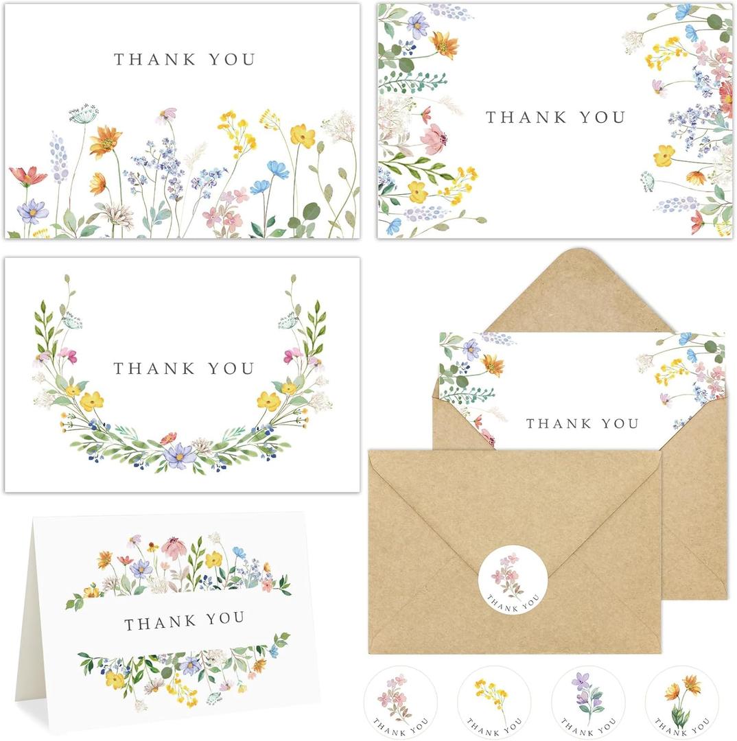 100 Pack Floral Thank You Cards with Envelopes, Watercolor Wildflower Thank You Notes with Kraft Envelopes Sticker for Birthday Wedding Baby Shower Bridal Shower Teachers Graduation, 4 x 6 Inch