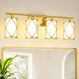 4-Light Brushed Gold Bathroom Light Fixtures with Milk Frosted Glass, 29" Modern Bathroom Vanity Lighting Fixtures Over Mirror with Metal Cage, Wall Sconce Lights for Bath, E26, CH9176BGW-4W