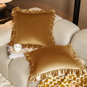 KKJIAF Gold Velvet Throw Pillow Covers 18 x 18 Inch Set of 2, Ruffle Euro Pillow Shams Velvet Square Pillow Case for Sofa Bedroom Couch Decorative