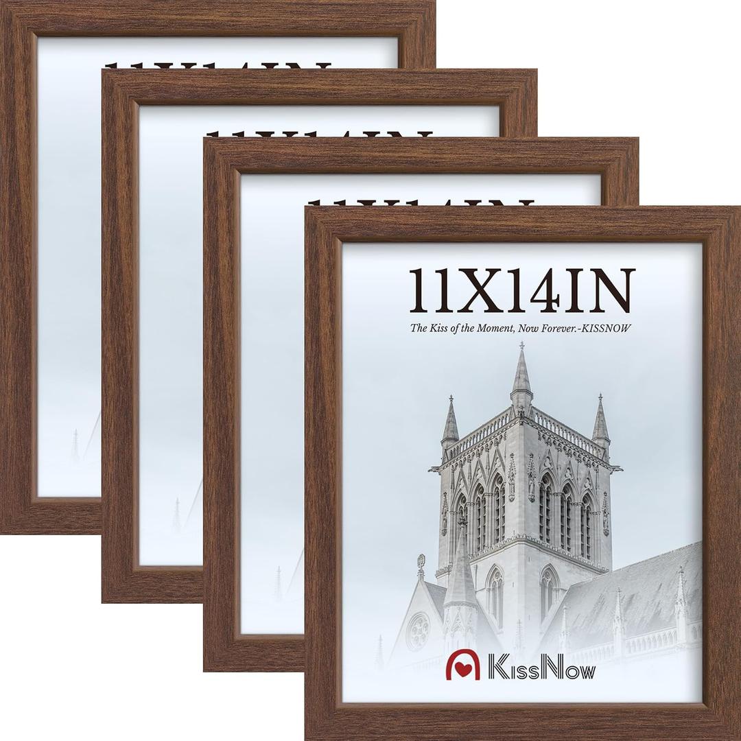 11x14 Picture Frame 4 Pack, Brown Wood 14x11 Frame, Tempered Glass, Vertical or Horizontal Wall Display for Photos & Art Prints