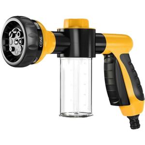 Dickno Car Wash Nozzle, High Pressure Water Garden Hose Nozzle with 8 Watering Patterns, Foam Sprayer with Soap Dispenser Bottle for Car Washing, Watering Plant (Yellow)