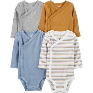 Simple Joys by Carter's unisex-baby 4-pack Side Snap Bodysuit (Newborn, Dusty Blue/Gold/Grey Heather/White Stripe)