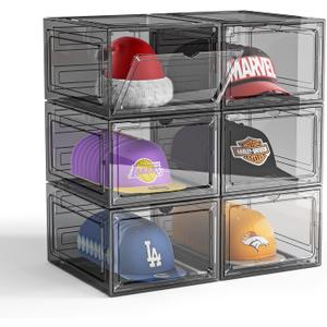 Hat Organizer Box for Baseball Caps, 6 Pack Plastic Hat Storage Display Case with Magnetic Door, Hat Holder Rack for Closet, Snapback Organizer, Hold 8 Caps Each, Black
