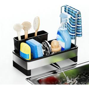 Kitchen Sink Caddy Organizer with Sponge & Brush Holder, Rustproof 304 Stainless Steel Countertop Storage with Towel Bar, Drying Rack for Kitchen Essentials