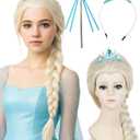 Wiggy Mermaid White Blonde Braided Wig with Crown Wand 19.69'' Long Platinum Blonde Princess Wigs + Cap for Halloween Party Costume Cosplay