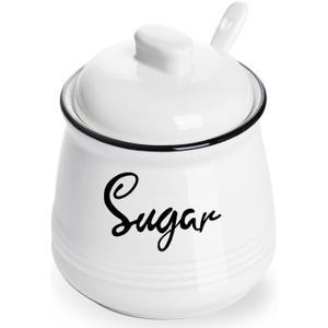 HAOTOP Farmhouse Porcelain Sugar Bowl with Lid and Spoon 12oz,Easy to Clean (White)