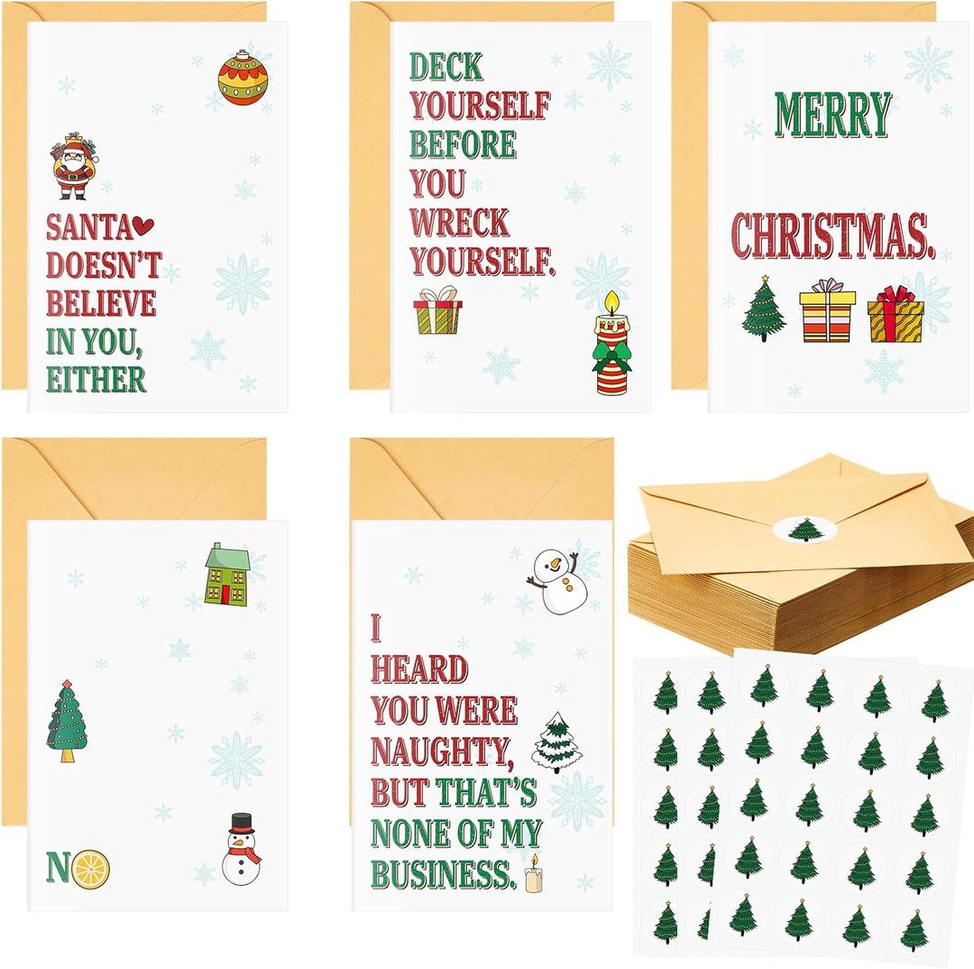 50 Pcs Funny Christmas Cards Humorous Christmas Wishes Greeting Cards Bulk Assorted Xmas Sarcastic Blank Notecard with Envelope and Sticker for Xmas Holiday Gift Supply