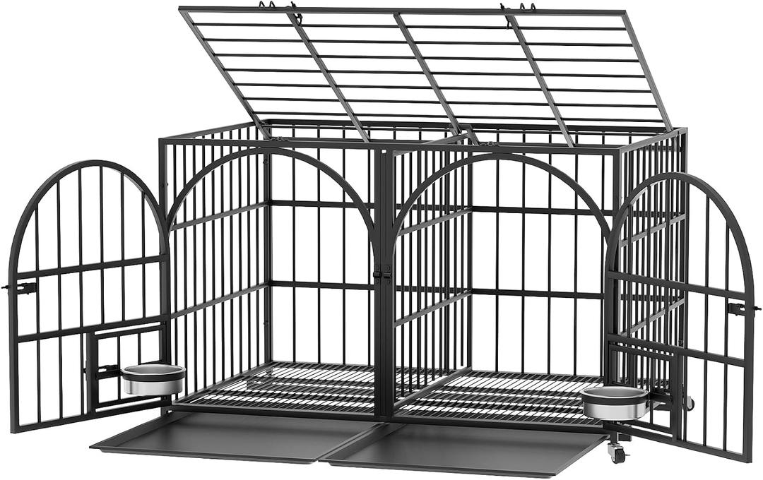 Dosker 42 inch Heavy Duty Metal Dog Crate Cage with Divider for 2 Dogs/Large Dog,All Metal Open Top Escape Proof Cage,Dog Kennel Indoor with Wheels,Floor Grid,Tray,Feeding Bowl