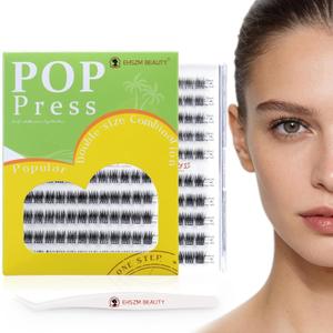 POP PRESS 10-12mm Pre-Glued Self-Adhesive Lash Clusters Kit | Natural Wispy Subtle Volume, 1-Minute Press-On, All-Day No-Fall 2-in-1 w/ Tweezers for Almond, Round & Double Eyes