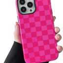 Compatible with iPhone 15 Pro Max Case, Cute Aesthetic Fashion Colorful Checkered Cover for Women, Shockproof Slim Soft TPU and Hard PC Protective Phone Case for iPhone 15 Pro Max - Hot Pink