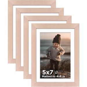 KINLINK 5x7 Picture Frame Rose Gold Set of 4, Wooden Photo Frames Matted 4x6 with Plexiglass for 4x6 with Mat or 5x7 without Mat for Table and Wall Display