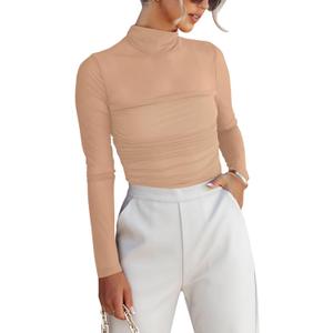REORIA Womens Trendy Sexy Mock Turtle Neck Long Sleeve Sheer Mesh Ruched Going Out Bodysuits Tops (Small, Nude)