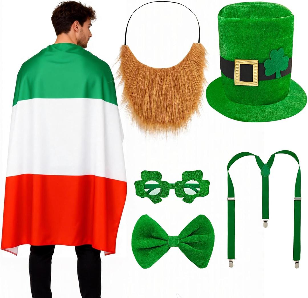 Leprechaun Costume Set, St Patricks Day Hat Flag Cape Glasses Suspenders Beard Bow Tie for Adult (Green)