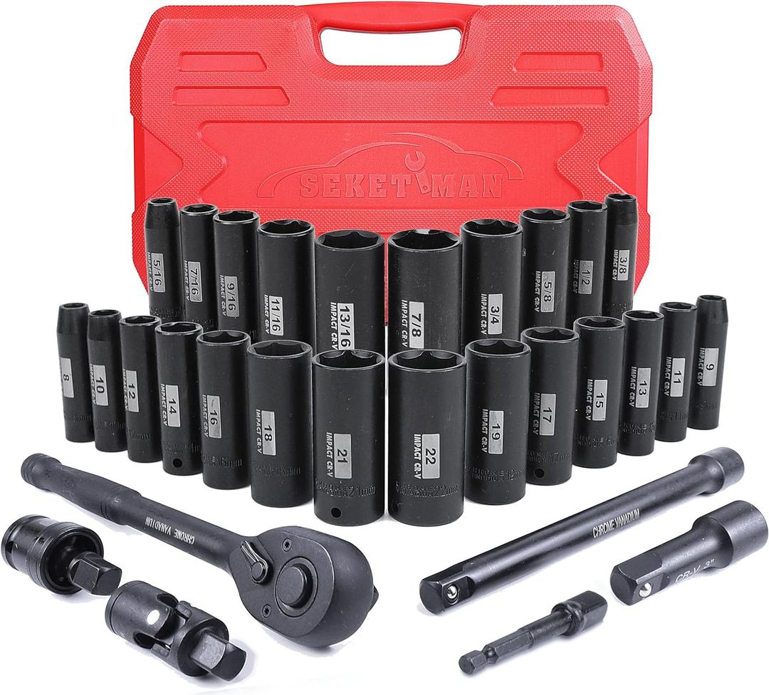 SEKETMAN 30pcs 3/8 Inch Impact socket set, Deep socket set, Metric/SAE,(5/16"-7/8",8mm-22mm),CR-V Steel, Includes Extension Bar, Universal Joint and Ratchet Handle.