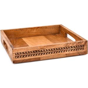 2 x Nirman Serving Trays Acacia Wood with Engraved Design & Cutout Handles | Rustic Farmhouse Food & Drink Server (10" x 10" x 1.6")