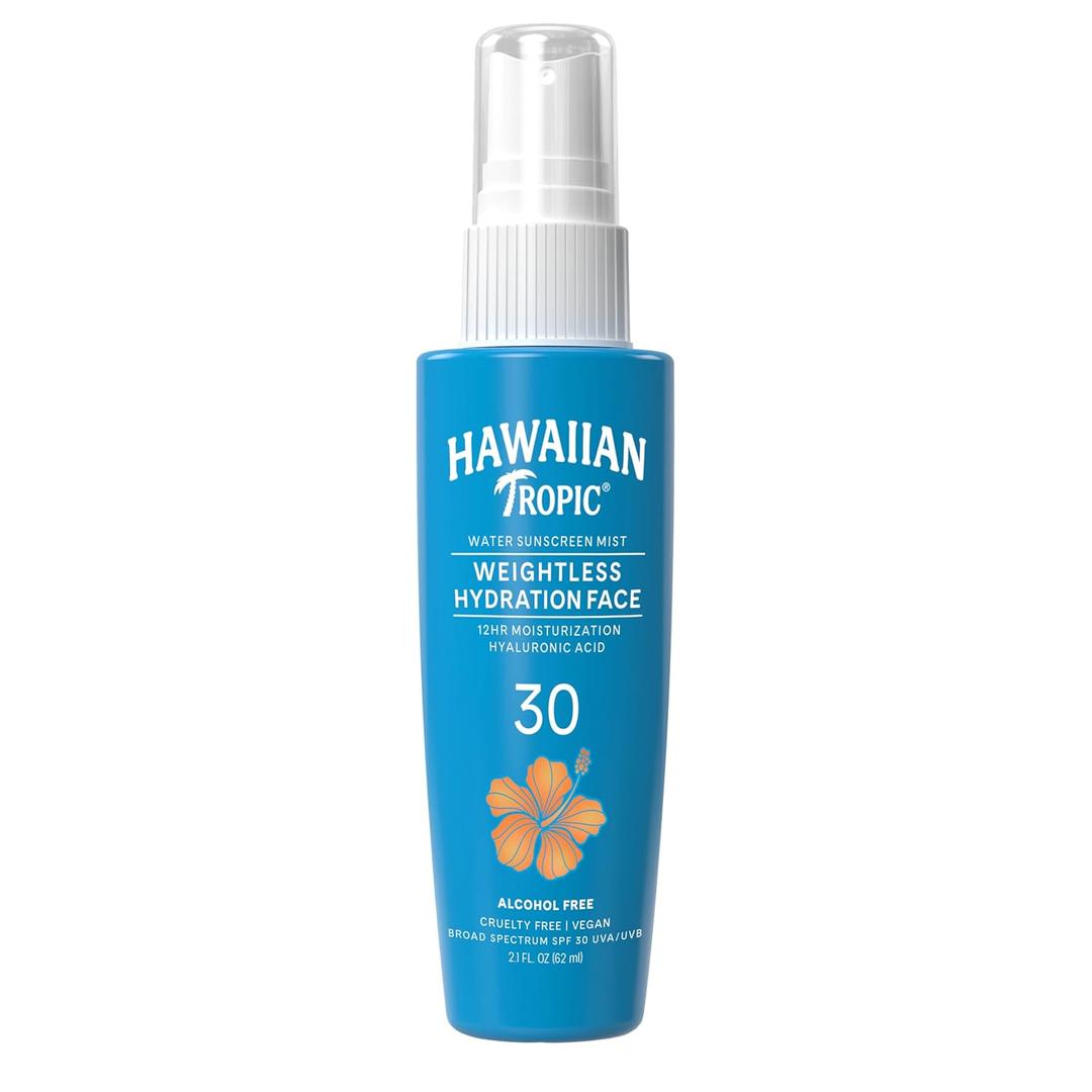 Hawaiian Tropic Weightless Hydration Water Mist for Face SPF 30, 2.1 Fl Oz, Travel Size SPF Face Mist Hydrating Spray, NonComedogenic Sunscreen Facial Mist, NonAerosol Sunscreen Spray, 2.1 Fl Oz