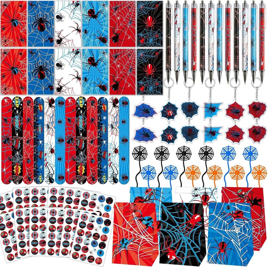 84pcs Spider Party Favors with Pens Notepads Paper Gift Bags Spider Web Key Chains Slap Bracelet Sticker Red Black Spider Themed Party Supplies for Birthday Game Activities Party Decorations