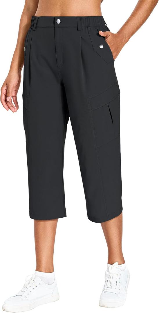 Women's Cargo Capris Lightweight Quick Dry Hiking Pants Water Resistant Summer Travel Pants with 6 Pockets 2026 (Black, L)