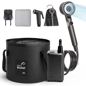 Rechargeable Camping Shower Pump, 9000mAh Portable Shower for Camping, 4 Sprayer Modes Electric Outdoor Shower Head IPX7 Waterproof USB Battery Powered Kit with 5 Gallon Bucket&Foot Pad
