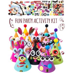 Glittery Garden 24 Pcs Party Hats Birthday Activity Kit with Stickers - Kids Fun Arts & Crafts. Make Your Own Animal & Monster Theme Party Favors & Game Supplies