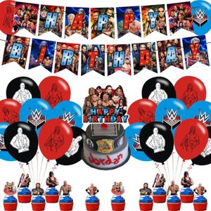 Wrestling Party Decorations,Birthday Party Supplies For Wrestling Party Supplies Includes Banner - Cake Topper - 24Cupcake Toppers - 18 Balloons
