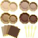 FoldTier 192 Pcs Brown Gold Disposable Party Plate Set for 24/48 Guests 9" & 7" Scalloped Paper Plate Cocktail Napkin Plastic Forks for Birthday Farmhouse Wedding Baby Shower Tea Party, Brown plate: about 7 inch and 9 inch