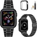 MioHHR Solid Stainless Steel Band Compatible with Apple Watch 44mm 42mm (Series 3/2/1), Metal Strap with Soft TPU Case for iWatch Series 6 5 4 3 2 1 SE SE2 SE3 Women and Men, Black