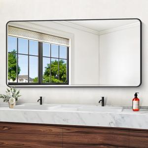 72" x 36"Bathroom Mirror, Matte Black Wall Mirror with Metal Frame, Decorative Rectangular Vanity Mirror for Bedroom Bathroom Living Room Entryway (Horizontal/Vertical) (Rounded Corner)